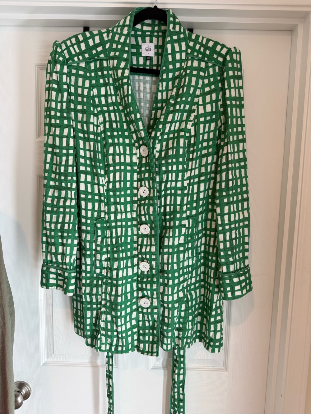 CAbi Green and White Grid-Print Blazer Jacket